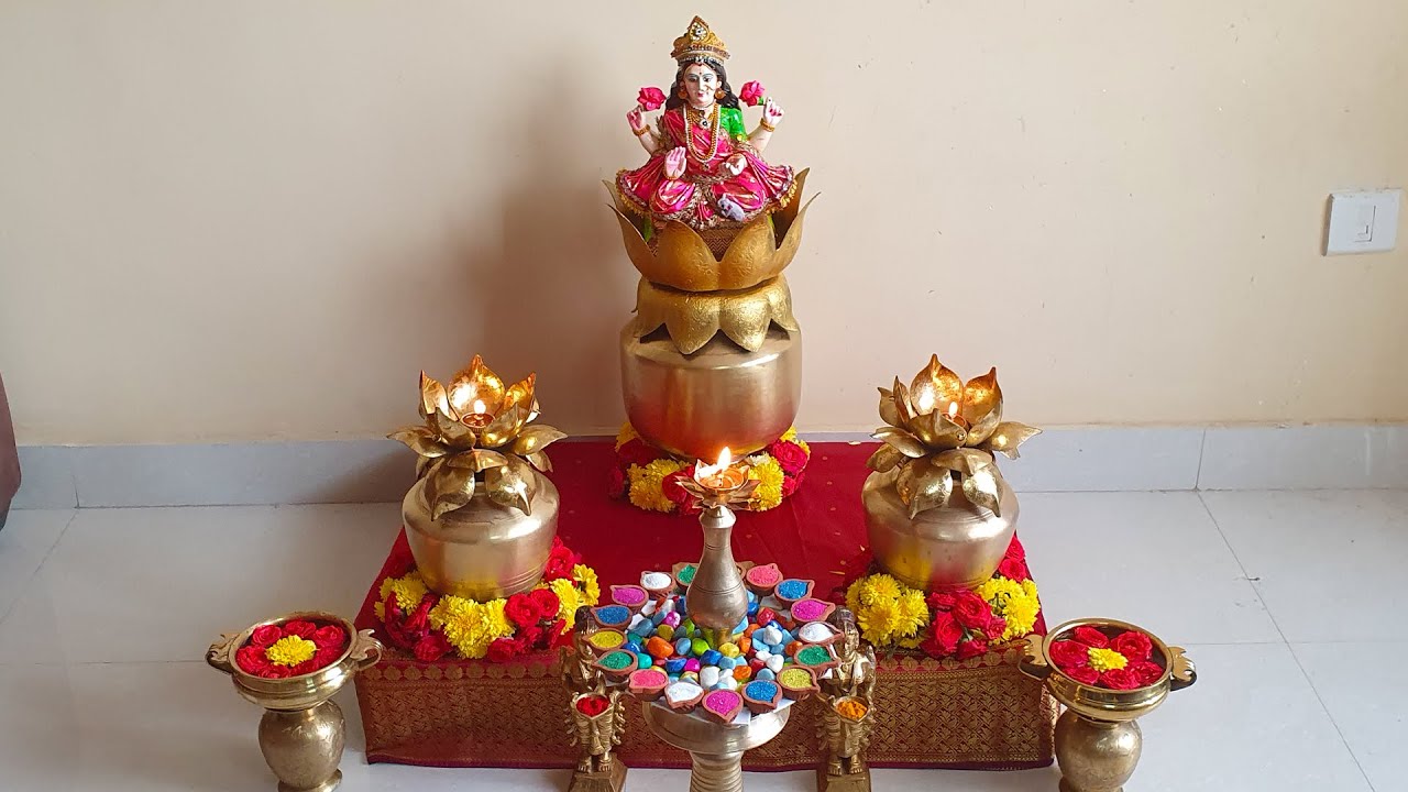 Varalakshmi Pooja decoration... | Mandir decoration, Ganpati decoration  design, Goddess decor