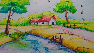 scenery village drawing easy oil pastel draw tutorial