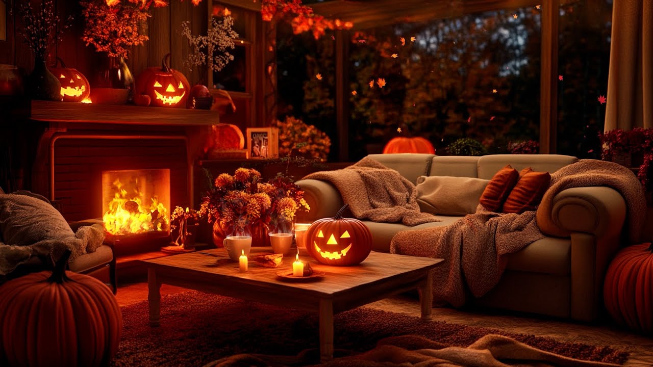 Peaceful Fall Porch with Fire & Pumpkins 🍂 Smooth Jazz to Relax, Focus ...