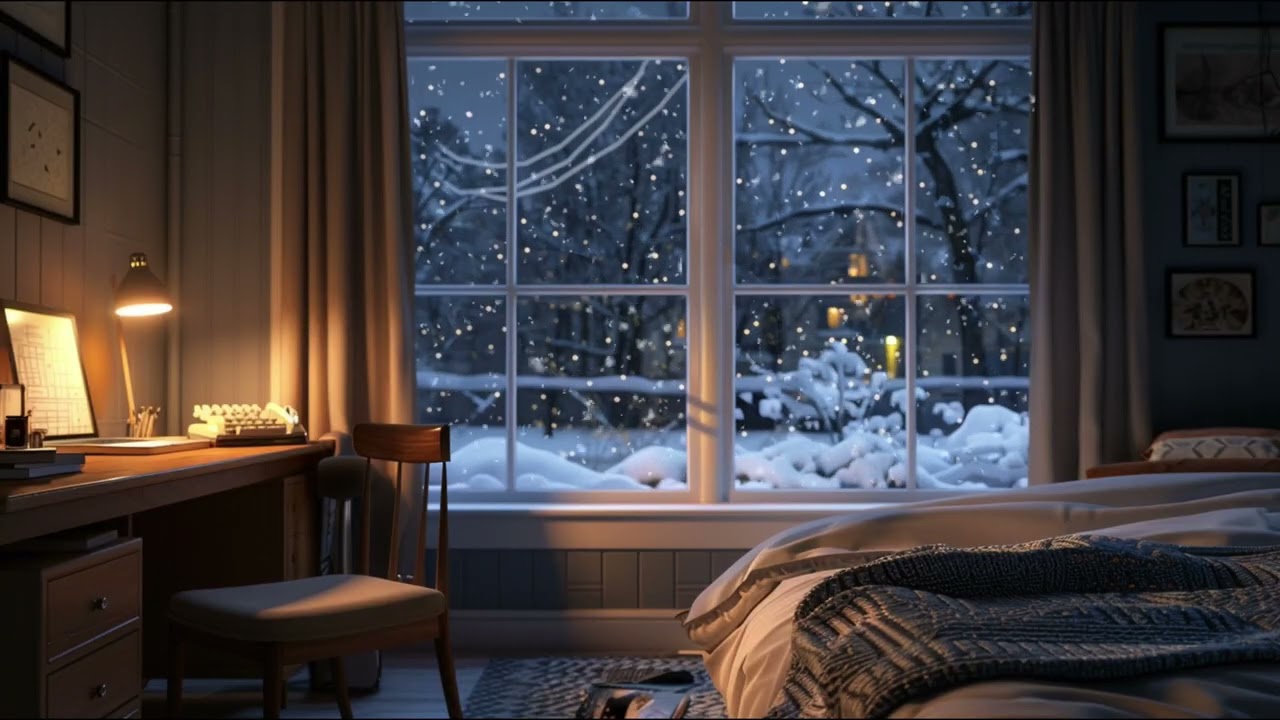 Deep Sleep Piano | Snowy Window Bedroom Night Relaxing Music (3 Hours)