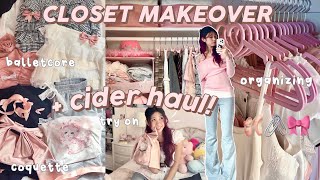 CLOSET MAKEOVER ft. cider try on haul, reorganizing and clean out!(balletcore, coquette)