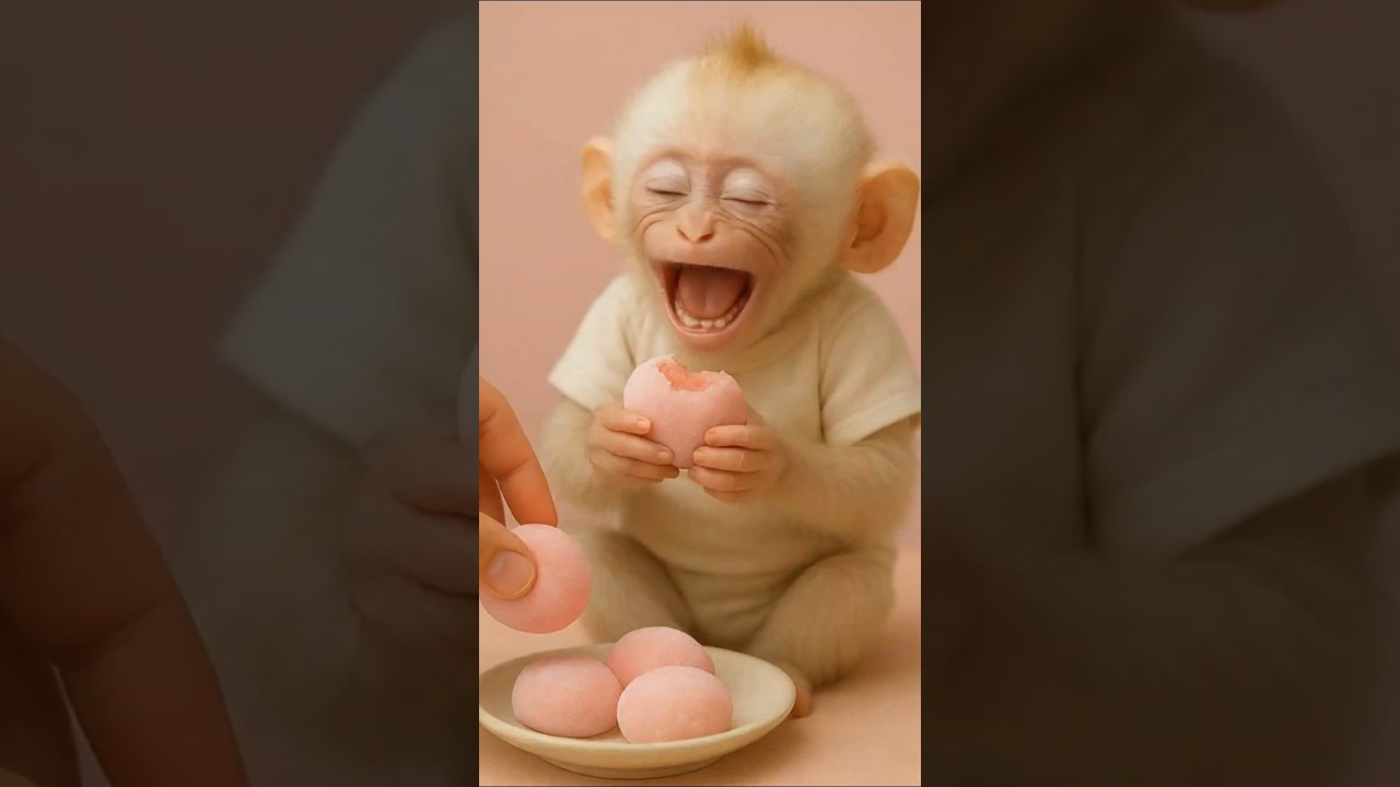 Monkey🍓🙉🍡🍡  Eating Pink Mochi 笑 X うサル (Laughing Monkey) 