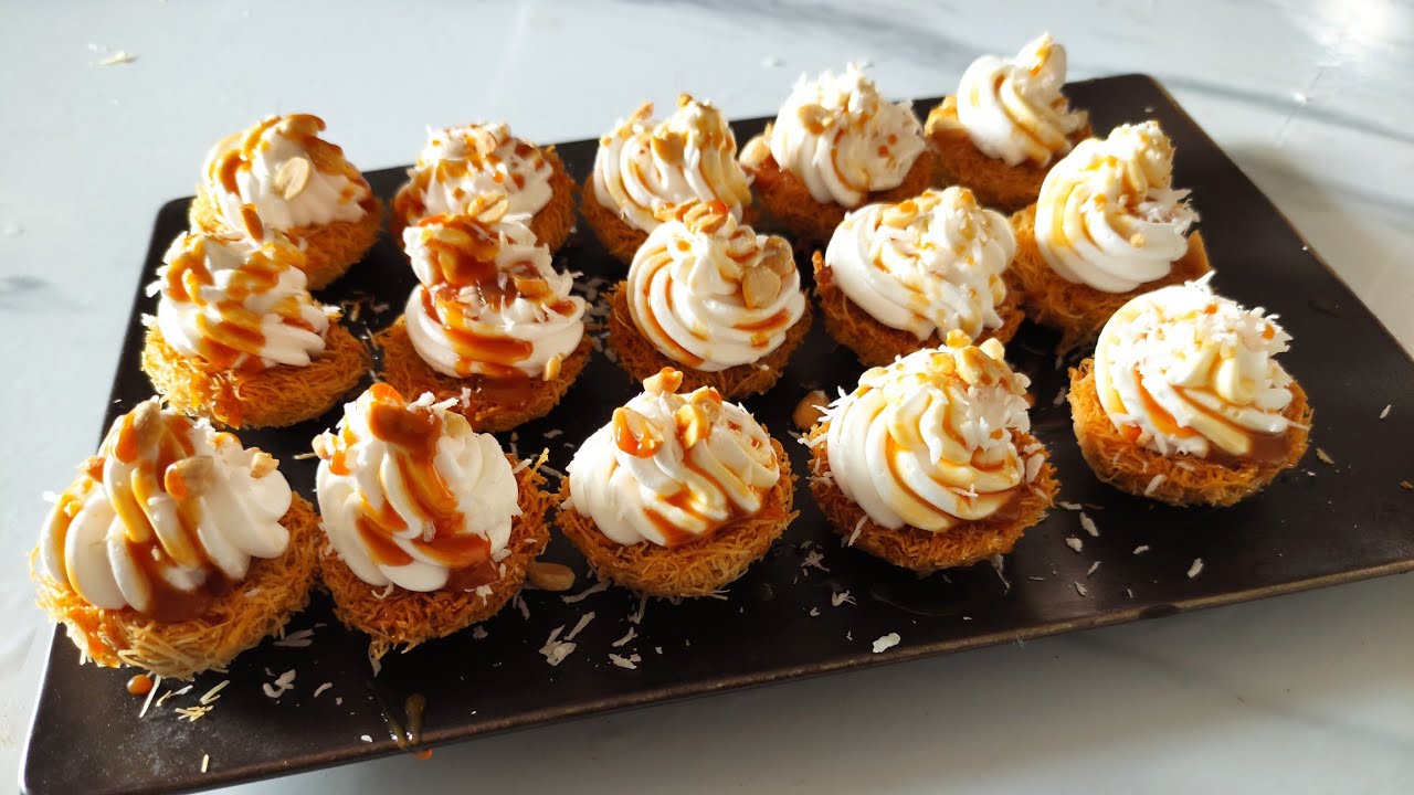 ربع كيلو كنافه عملت ميني كب كنافه بالكريمه كنافه بابلز بحشوة الكريمه السريع