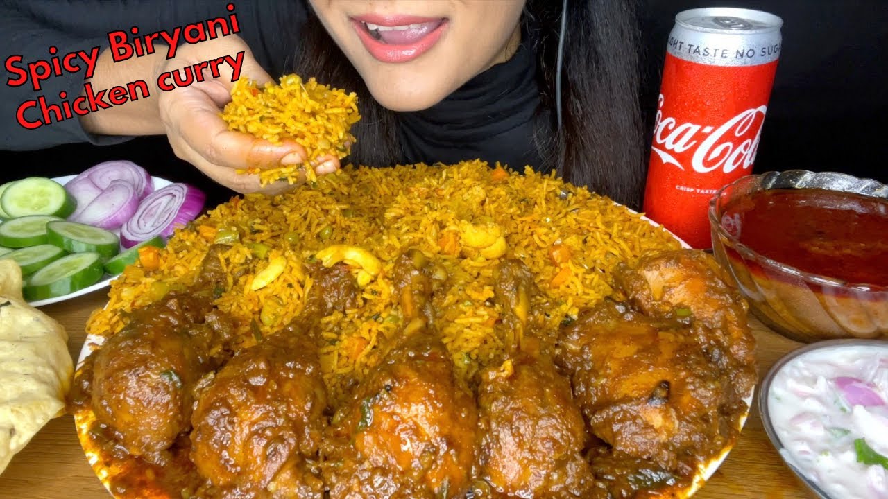 ASMR:SPICY CHICKEN CURRY WITH VEG BIRYANI+CHICKEN LEG PIECE l BIG BITES l *FOOD VIDEOS*