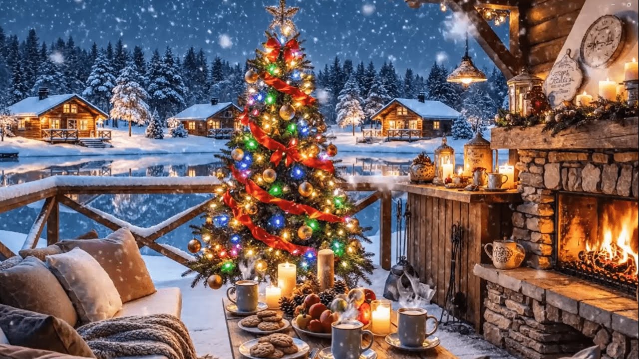 Relaxing Christmas Jazz 🎄 Cozy Cabin Fireplace & Snowy Winter Ambience for Study, Sleep & Peace