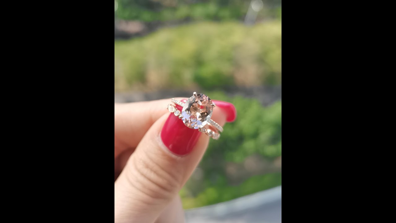 2.5ct peachyPink Morganite Engagement Ring Set Rose Gold Unique Engagement Ring Diamond Wedding Band
