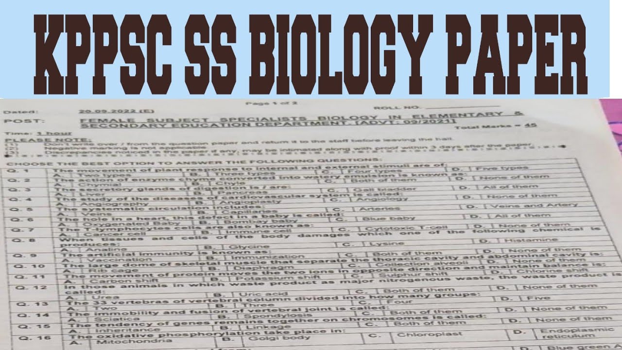 KPPSC SS BIOLOGY Complete Paper 19 Sep 22 KPPSC SS BIOLOGY Syllabus kppsc-ss-biology-complete-paper-19-sep-22-kppsc-ss-biology-syllabus