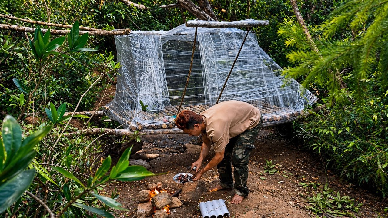 Built A Cozy Shelter With Plastic Wrap In Forest. Staying For a Day And ...