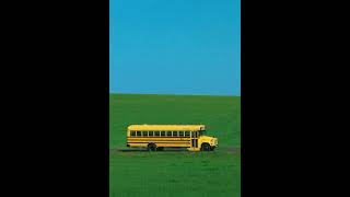a school bus rendered as a high-saturation, fine-grain 35mm film photograph with a slightly compre
