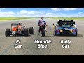 F1 Car vs MotoGP Bike vs Rally Car: Ultimate Drag Race!