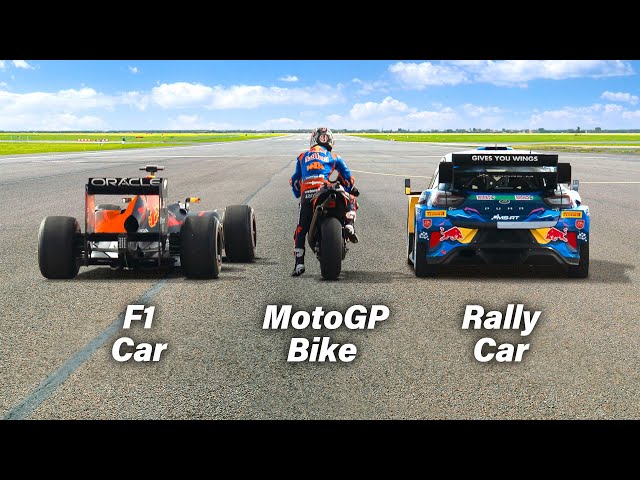 F1 Car vs MotoGP Bike vs Rally Car: Ultimate Drag Race! class=