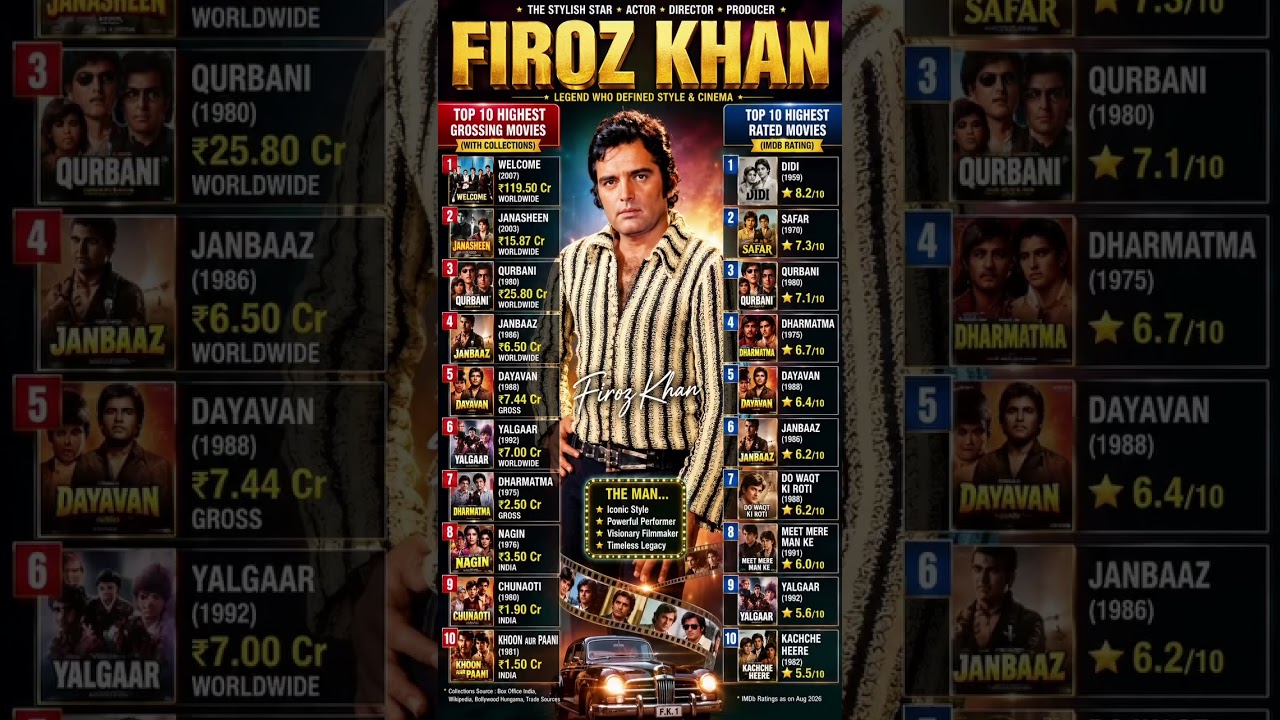 Feroz Khan की 10 BIG HIT & Highest Rated Movies 🔥 | IMDb Rating + Hit Status