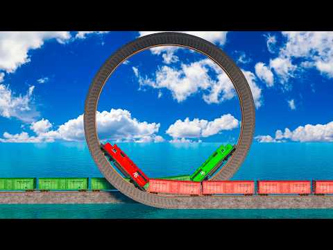 Colorful Double Trains Vs 360 Loop Impossible Circle Rails Tracks Crossing Deepwater | BeamNG.drive