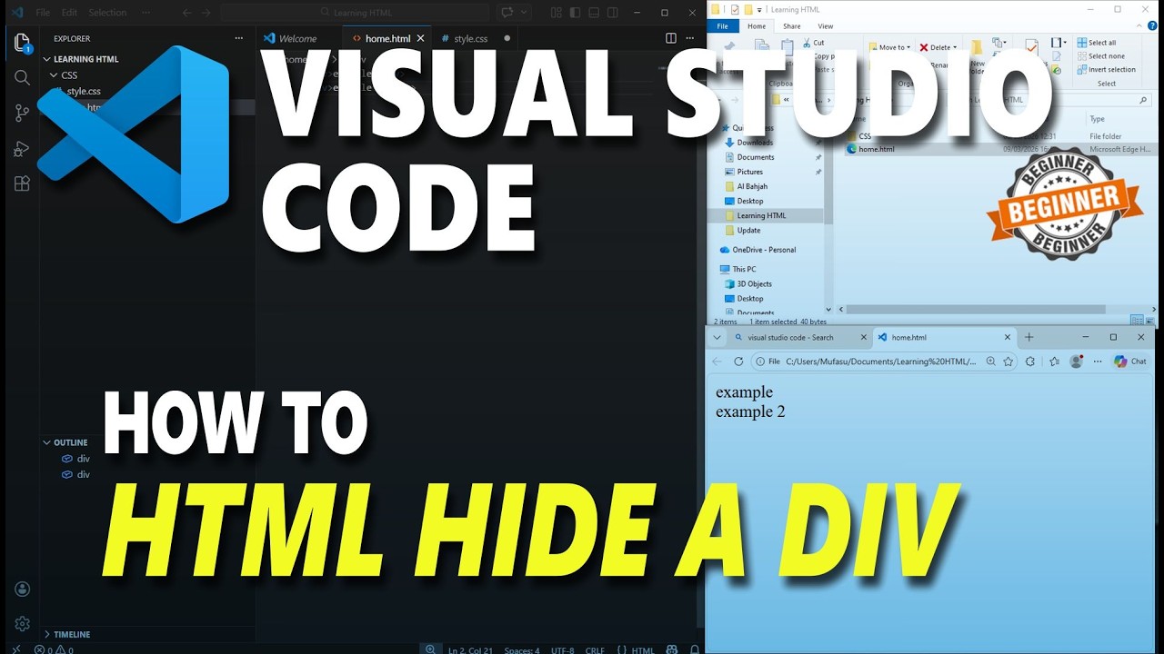 Visual Studio Code HTML How To Hide A Div - YouTube
