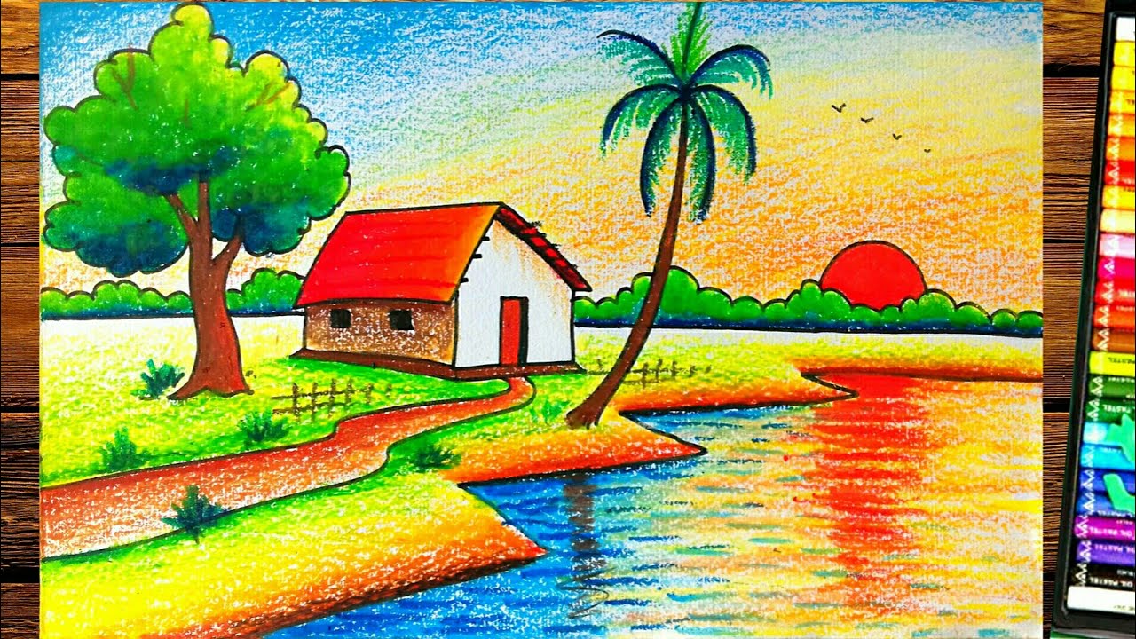 drawing of nature | landscape drawing easy | house scenery drawing | nature  drawing easy | رسم منظر طبيعى سهل | - YouTube