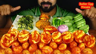 Eating BUTTER EGG MASALA, Brinjal Fry, Spinach, Green Chili, Cucumber, Onion and Rice | #LiveToEATT screenshot 2