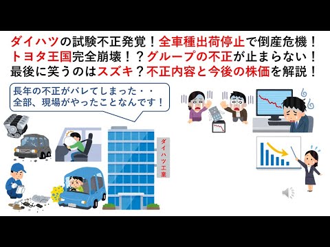 ダイハツの試験不正発覚！全車種出荷停止で倒産危機！トヨタ王国完全崩壊！？グループの不正が止まらない！最後に笑うのはスズキ？不正内容と今後の株価を解説！