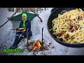 SOLO WINTER CAMPING | COOKING ON FIRE | forest carbonara, tarp shelter