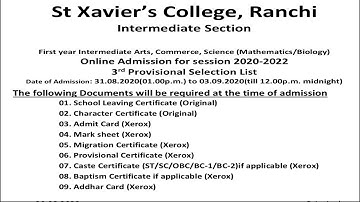 St Xavier College ranchi intermediate 3rd Selection list Document Verification and Admission process