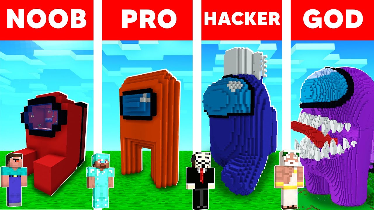 Minecraft NOOB vs PRO vs HACKER: AMONG US HOUSE BUILD CHALLENGE in