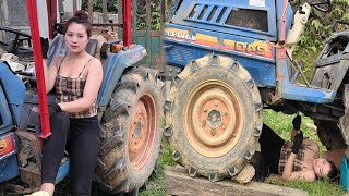 Genius girl repairs and maintains tractor engines and replaces seals