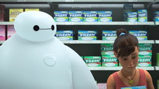 People helping Baymax chose pads\/tampons in the new Baymax! Series is the cutest scene