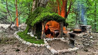 Building a Warm and Cozy Log Cabin With Stone oven, Bushcraft, Survival