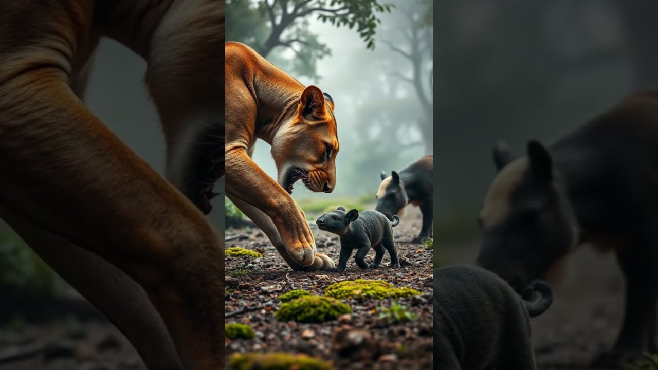 Lioness Vs Tapir Aggressive Encounter In The Foggy Lowlands