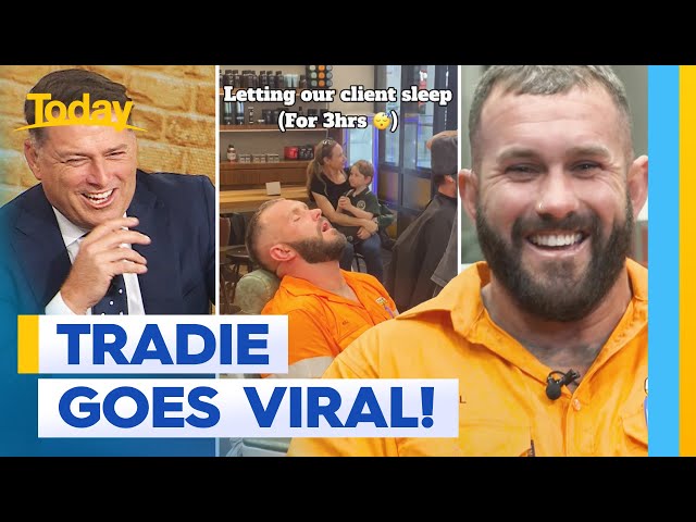 Tradie goes viral on TikTok after barbershop nap | Today Show Australia class=