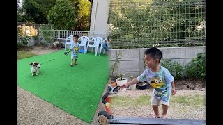 Ryochan playing with the puppy for the first time 🐶🥰