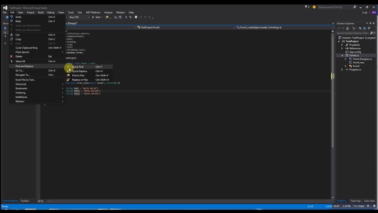 Visual Studio 2015 : how to find and replace - YouTube