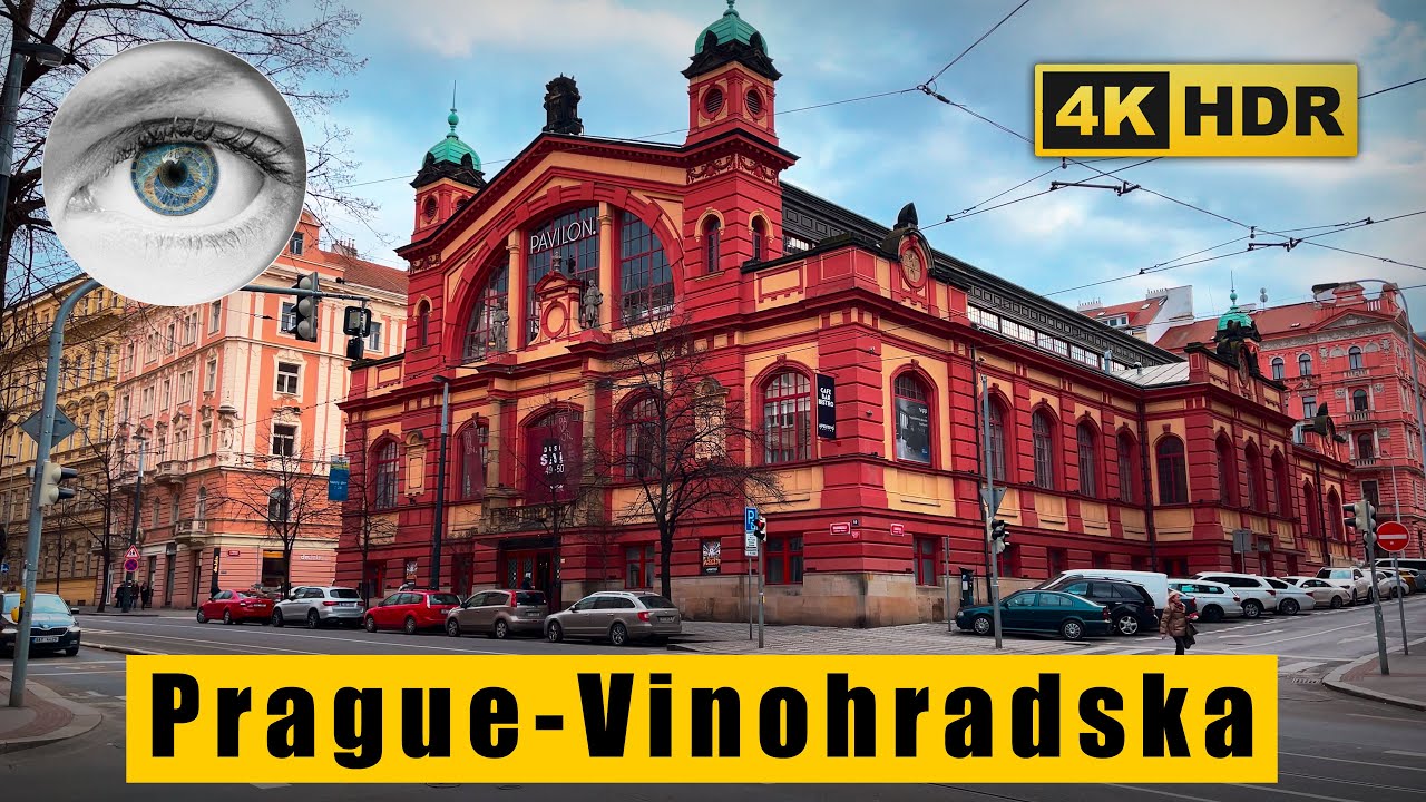 Prague (Praha) walk 4k HDR Vinohrady, Vinohradska street, Vinohradský Pavilion 🇨🇿 Czech Republic