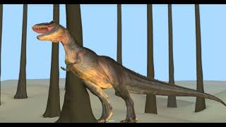 Trex rubbing his back on a tree.