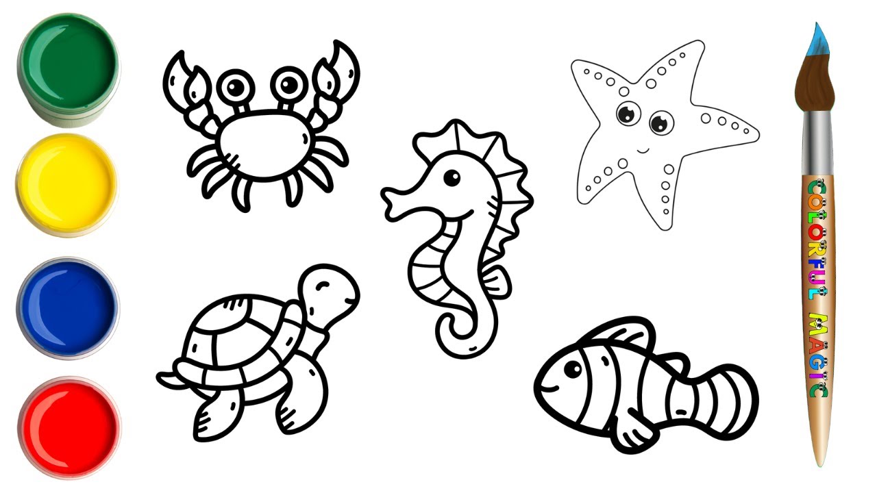 Sea animals drawing, painting and coloring for children | Learn about marine animals