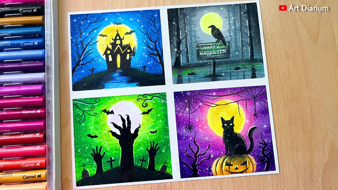 Halloween Drawing Ideas with Oil Pastels for Beginners - STEP by STEP ...