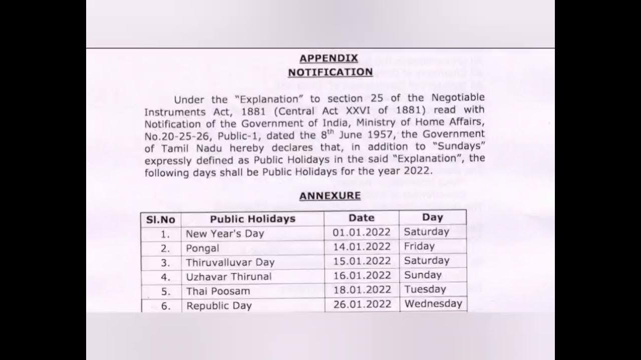 2022 government holidays new calender list in tamilnadu2022 tn govt