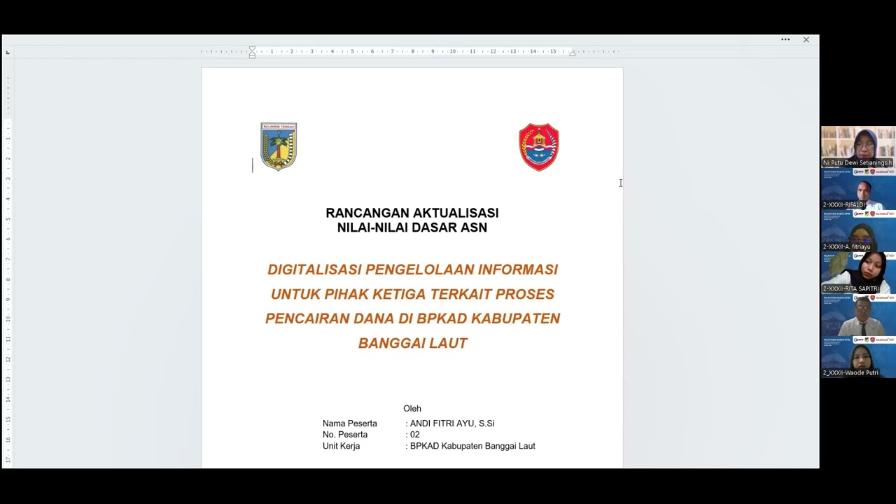 Pembimbingan Rancangan Aktualisasi Latsar CPNS Angkatan 32 Kelompok 2 Kabupaten Banggai Laut Tahun 2