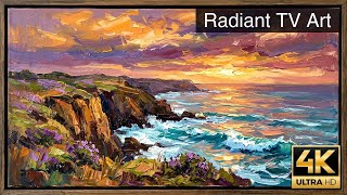 Radiant Sunset Cliffs & Ocean Waves | 4K Impressionist Art for Frame TV - 3 Hours