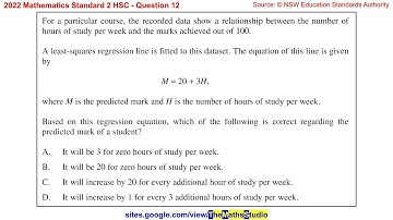 2022 Maths Standard 2 HSC Q12 Using least-squares regression line equation to find unknown values