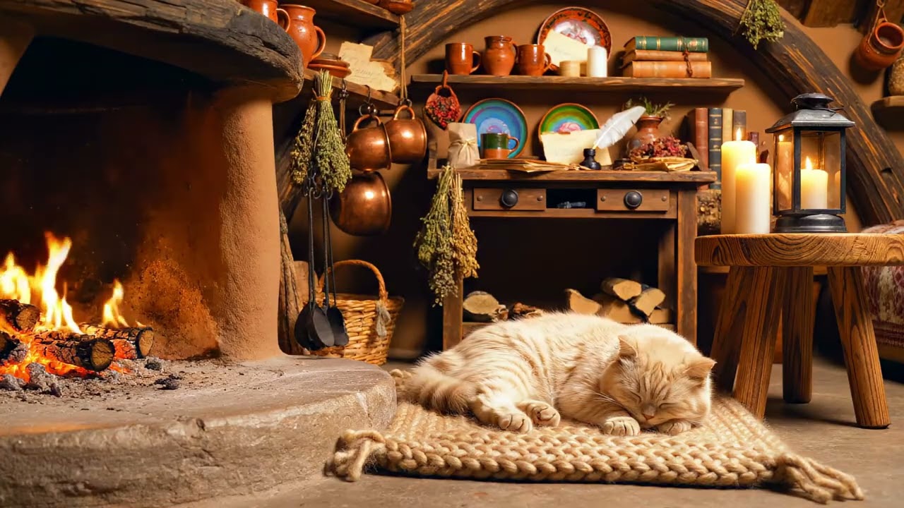 Deep Cozy Sleep 🕯️ Hobbit Hearth & Sleeping Cat | Relaxing Music by the Fireplace