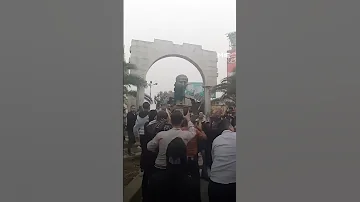 Protesters Topple Down The Statue Of Hafez Al Assad In Jaramana In The Southern Damascus Suburbs 