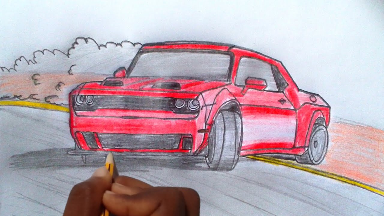 Easiest Way to draw a Dodge Challenger Drifting (Full Process For Beginners)