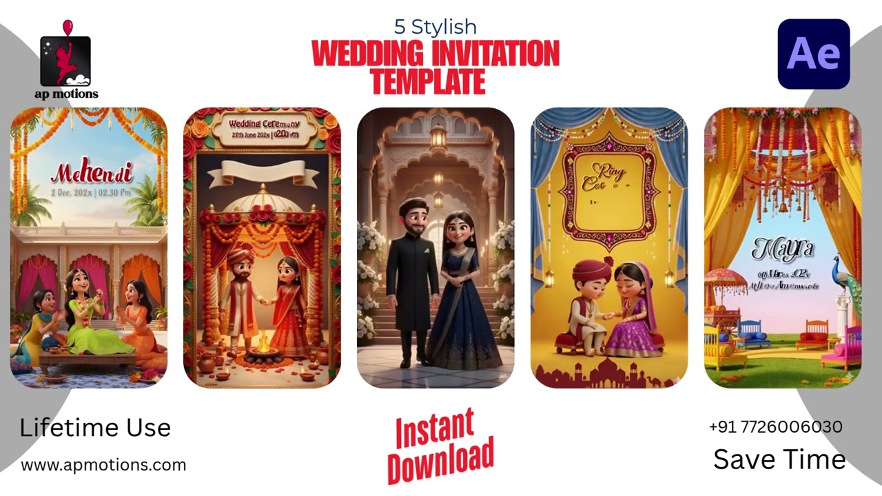 5 Wedding Invitation Templates Bundle - after effects AI 26 To AI 30