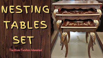 Antique Golden Leafing Nest of 3 Tables with Hand Painted Floral Pattern. Modern Nesting Table Set