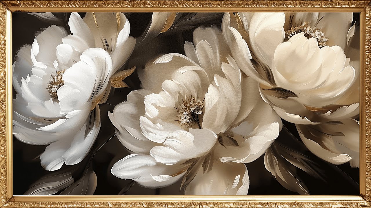 Luxury Neutral White Flowers | Elegant Gold Accent Floral Art | Frame TV Art 4K | No Sound