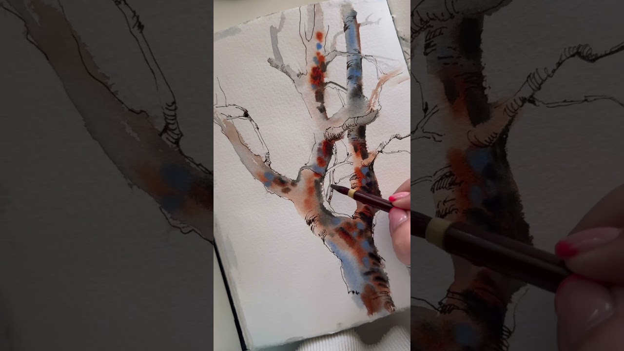 Эскиз дерева, выполненный акварелью и чернилами.