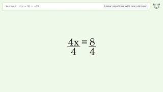 Linear equation with one unknown: Solve 4(x-9)=-28 step-by-step solution