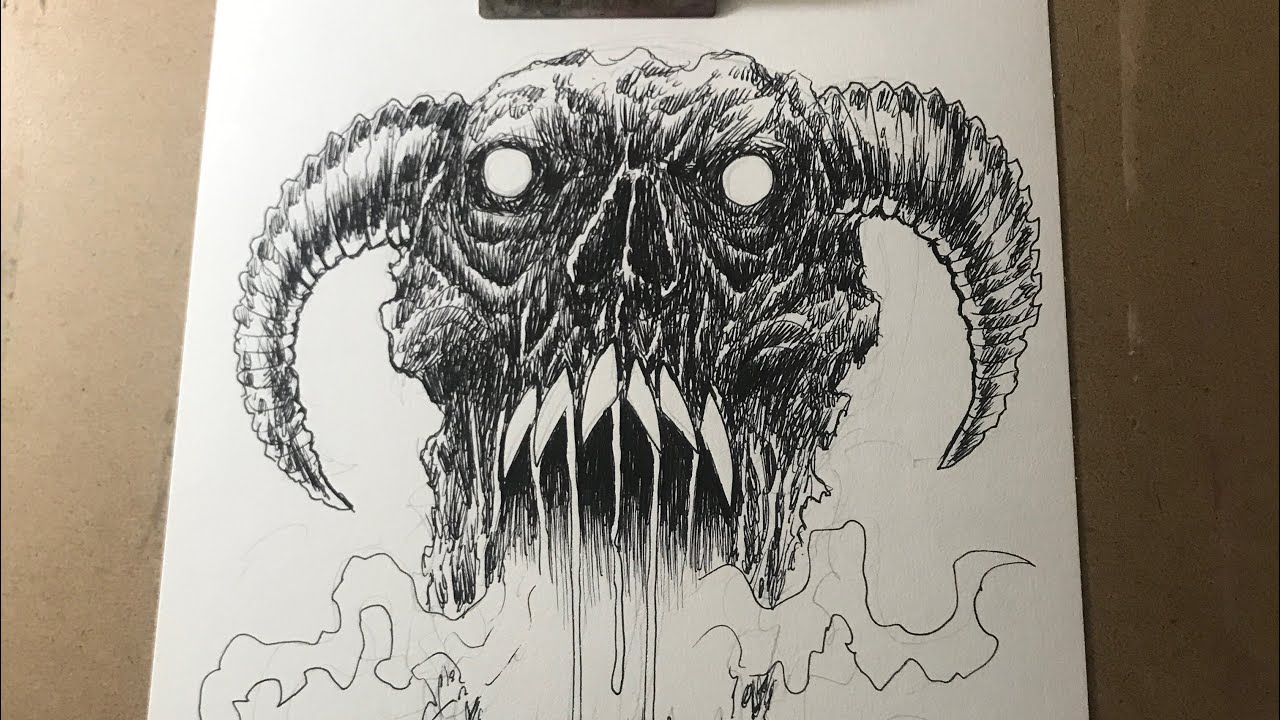 Drawing Demon Skull Ink Art - YouTube
