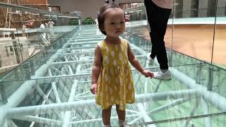 Schattige Chinese Baby Is Bang Om Op Een Glazen Brug Te Lopen
