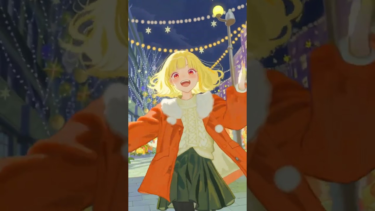 Hyper-detailed anime girl dashing joyfully through a festive city street, flowing blonde hair, re...